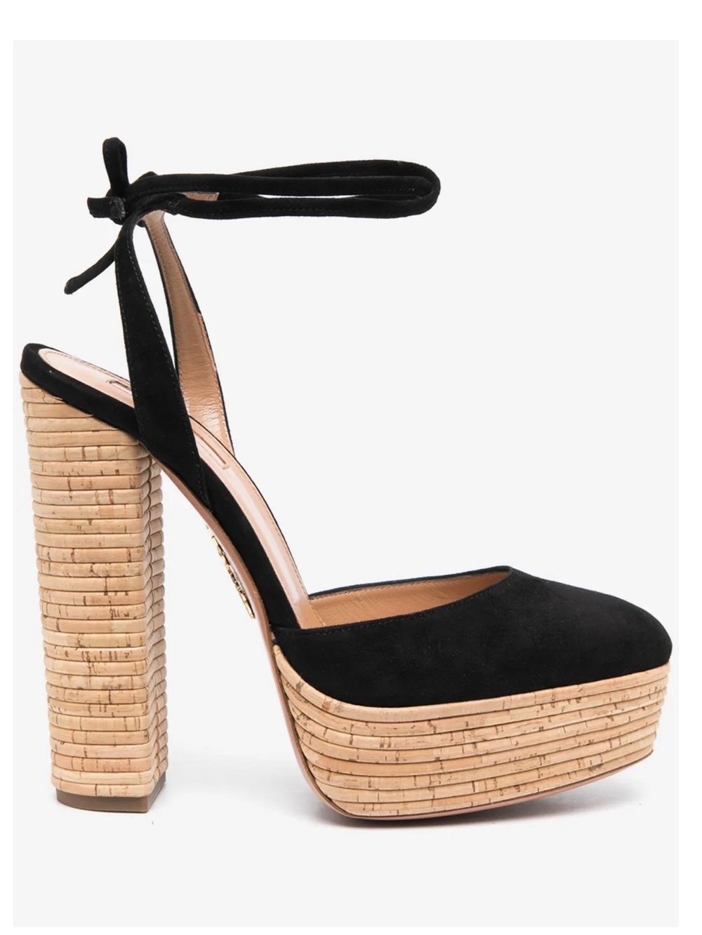 Aquazzura Black Suede Platform Cork-Stack Heel Ankle Tie Pumps